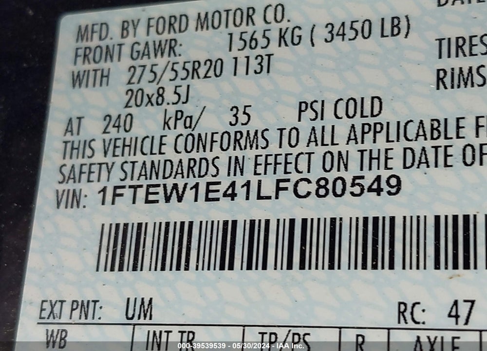 2020 FORD F-150 XLT VIN: 1FTEW1E41LFC80549