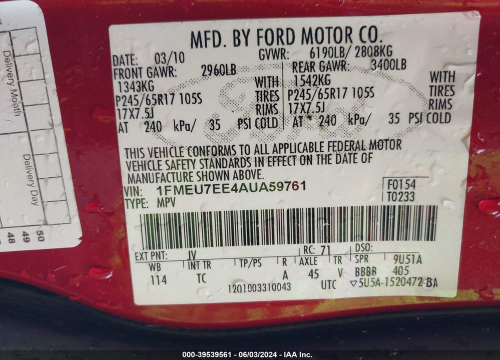 2010 FORD EXPLORER EDDIE BAUER VIN: 1FMEU7EE4AUA59761