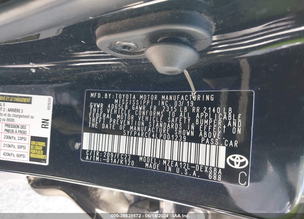 2020 TOYOTA COROLLA SE VIN: 5YFP4RCE4LP001239