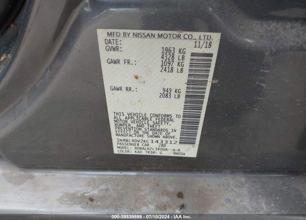 2019 NISSAN ALTIMA 2.5 SV VIN: 1N4BL4DV2KC143312