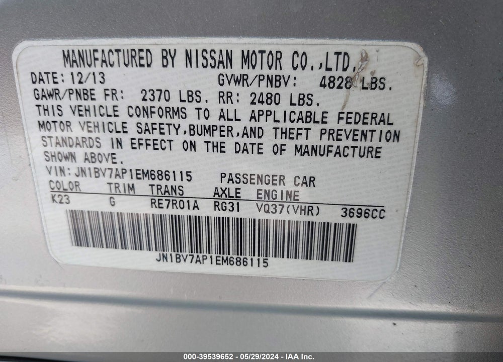 2014 INFINITI Q50 PREMIUM/SPORT VIN: JN1BV7AP1EM686115