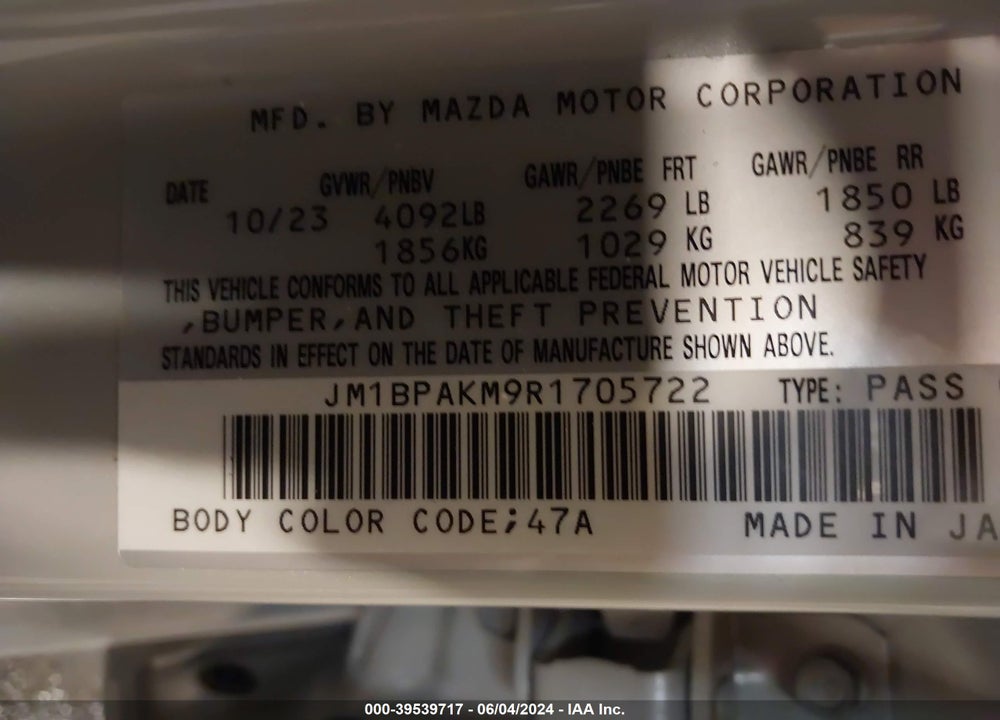 2024 MAZDA MAZDA3 VIN: JM1BPAKM9R1705722
