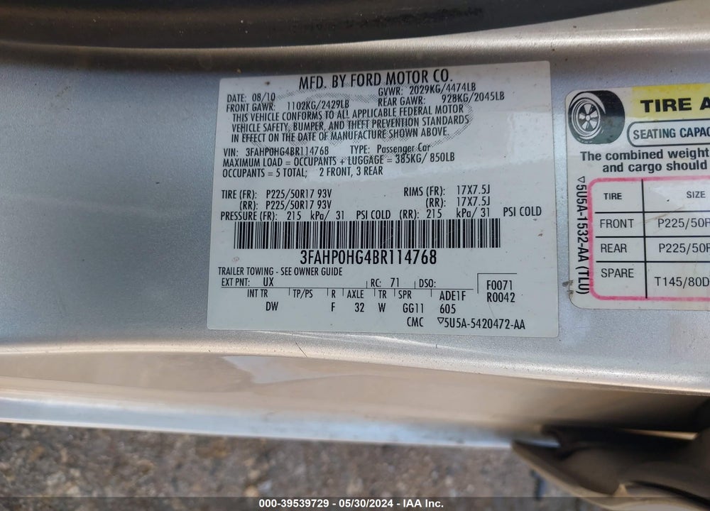 2011 FORD FUSION SE VIN: 3FAHP0HG4BR114768