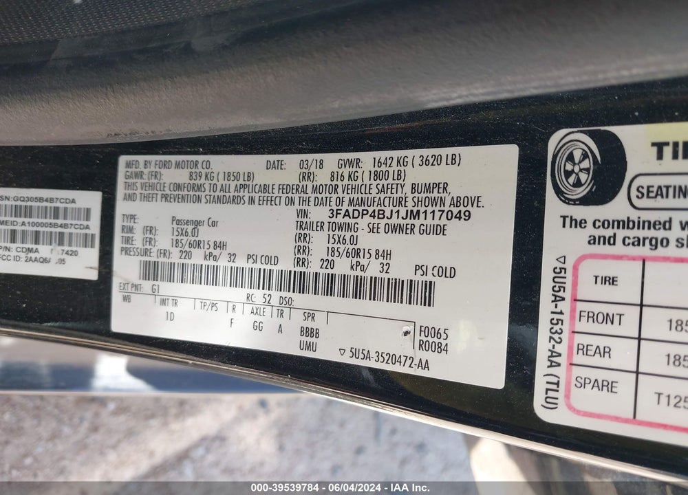 2018 FORD FIESTA SE VIN: 3FADP4BJ1JM117049