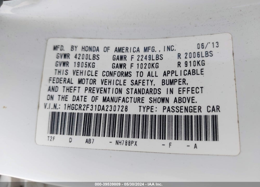 2013 HONDA ACCORD LX VIN: 1HGCR2F31DA230728