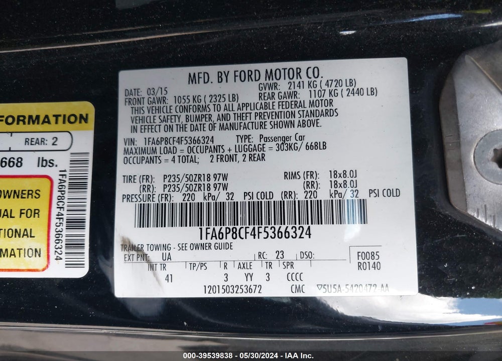 2015 FORD MUSTANG GT PREMIUM VIN: 1FA6P8CF4F5366324