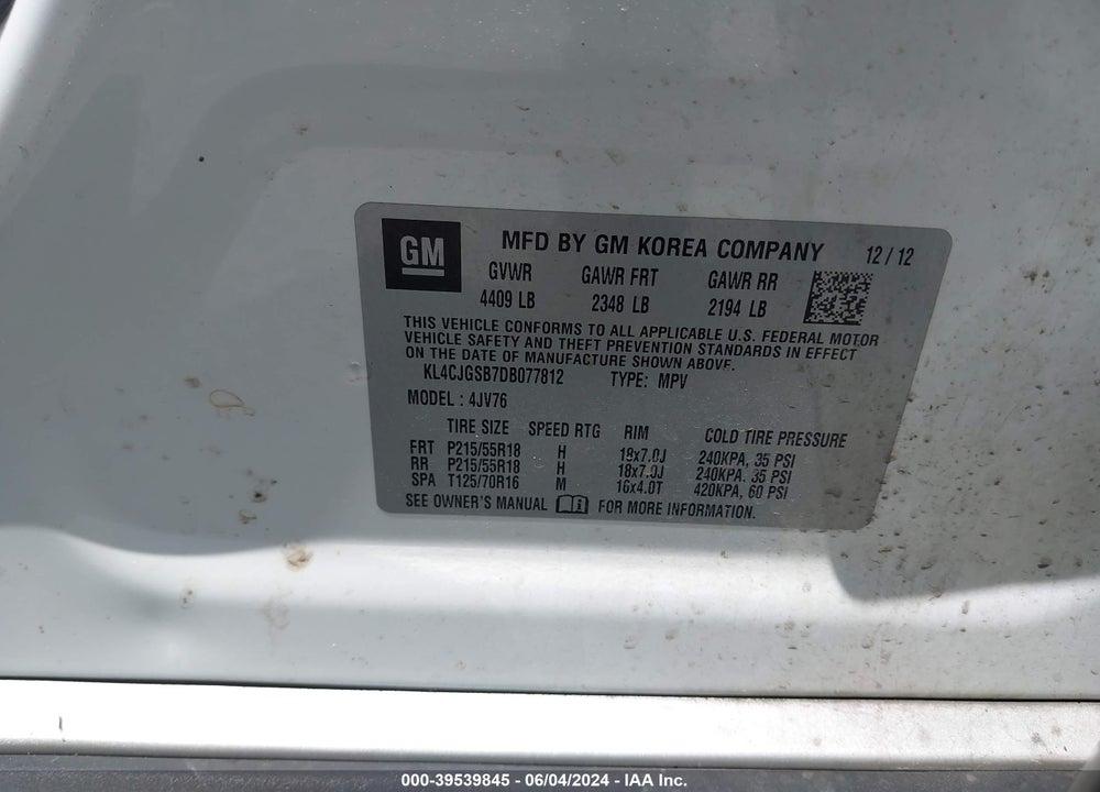 2013 BUICK ENCORE LEATHER VIN: KL4CJGSB7DB077812
