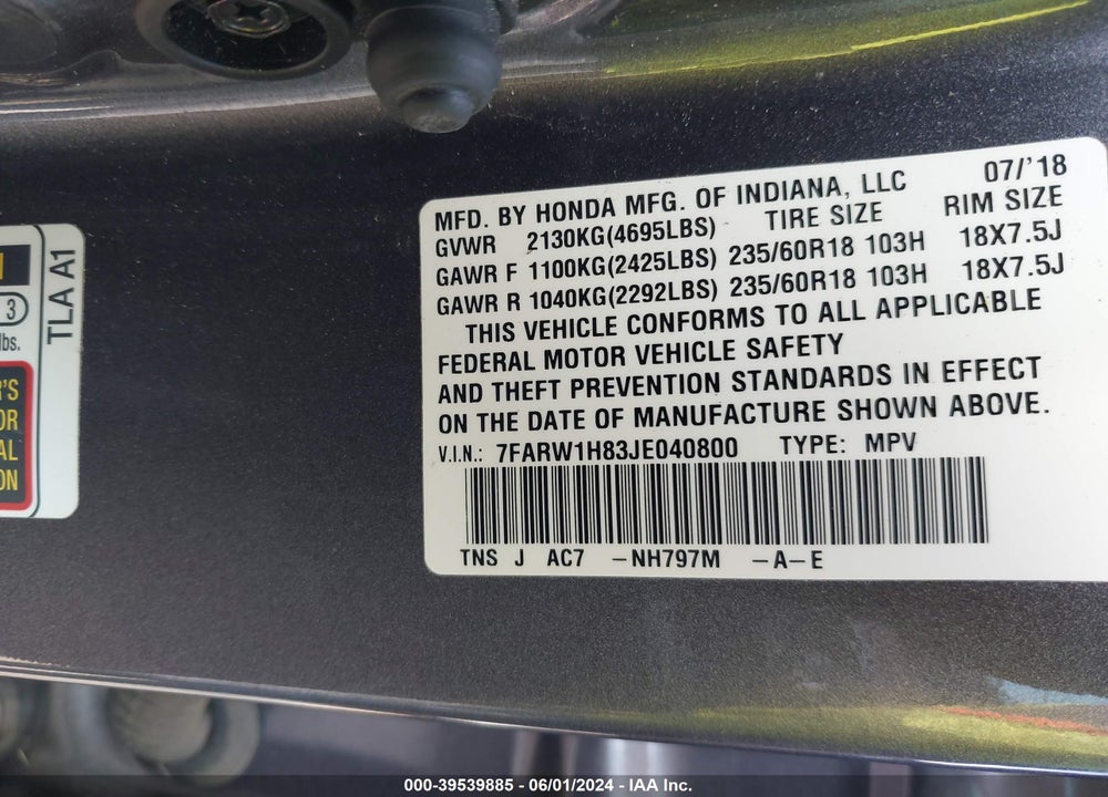 2018 HONDA CR-V EX-L/EX-L NAVI VIN: 7FARW1H83JE040800