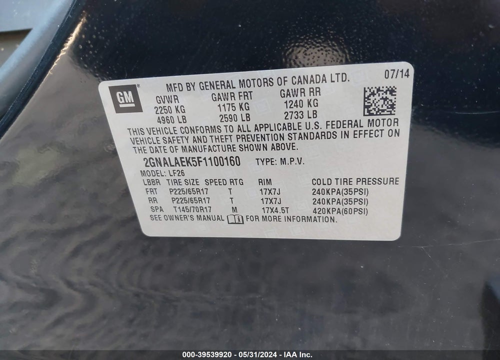 2015 CHEVROLET EQUINOX LS VIN: 2GNALAEK5F1100160