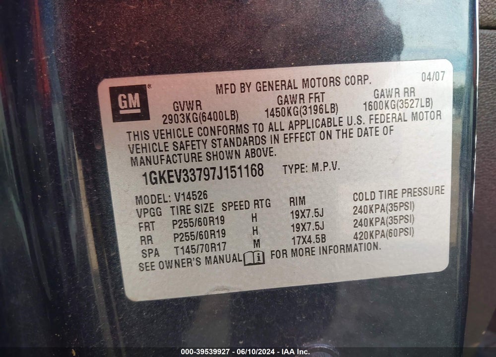 2007 GMC ACADIA SLT-1 VIN: 1GKEV33797J151168