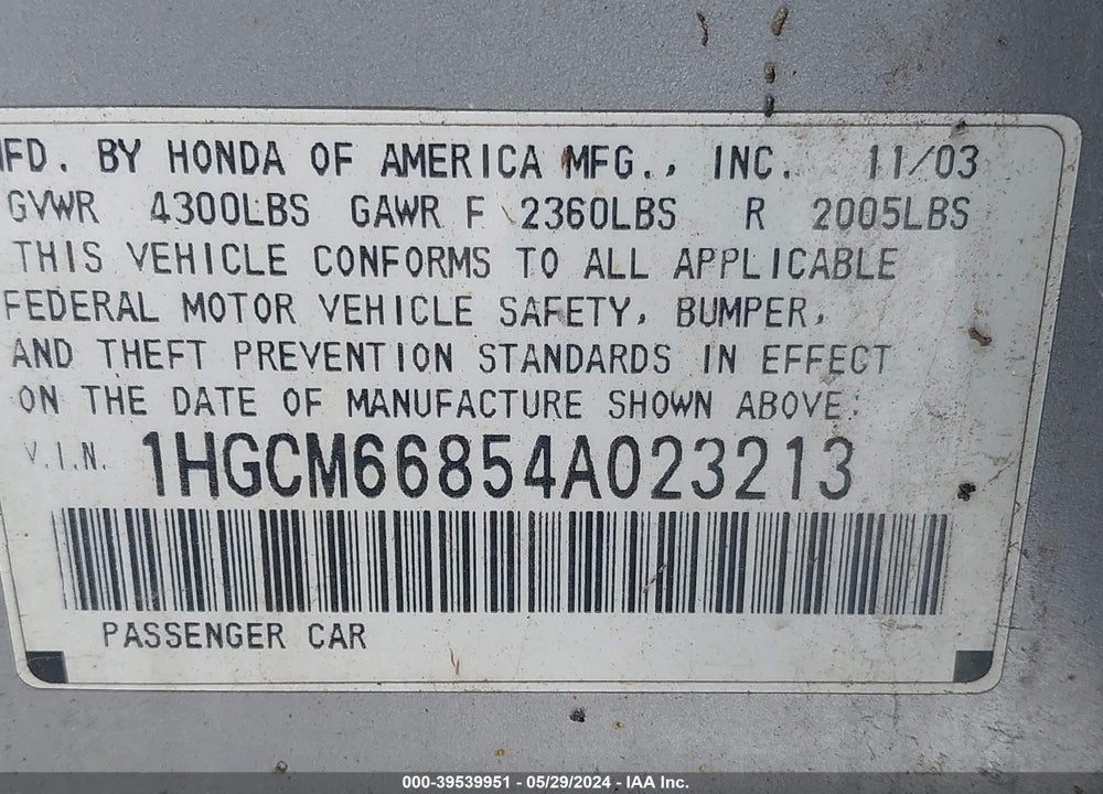 2004 HONDA ACCORD 3.0 EX VIN: 1HGCM66854A023213