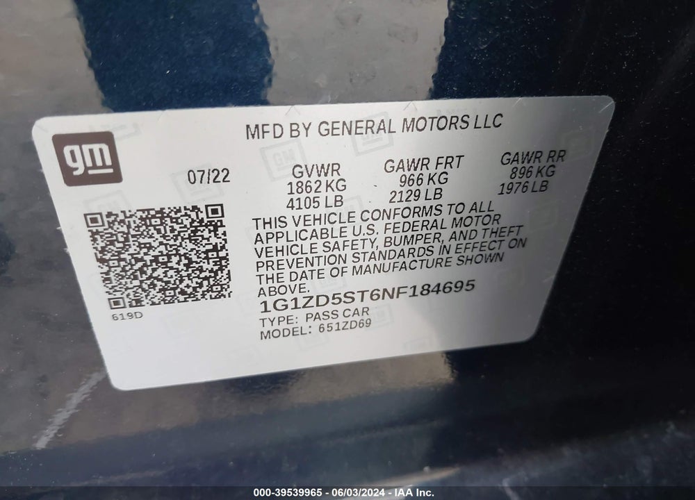 2022 CHEVROLET MALIBU FWD LT VIN: 1G1ZD5ST6NF184695