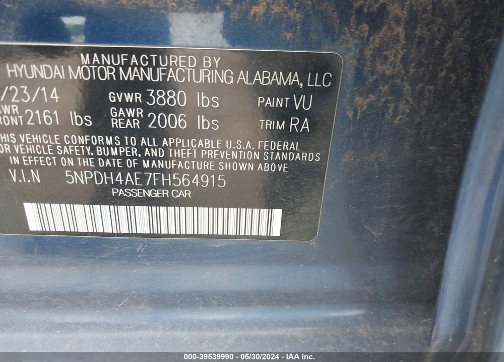 2015 HYUNDAI ELANTRA SE VIN: 5NPDH4AE7FH564915