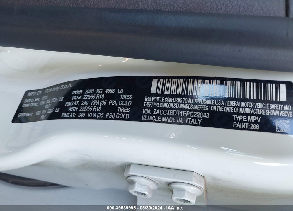 2015 JEEP RENEGADE LIMITED VIN: ZACCJBDT1FPC22043
