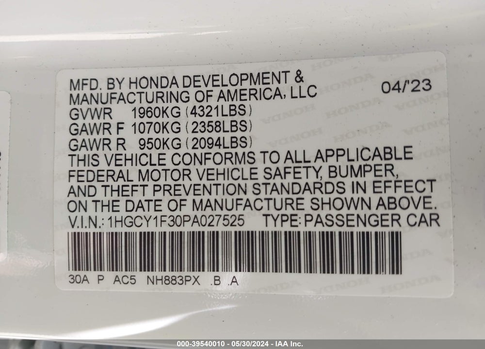 2023 HONDA ACCORD EX VIN: 1HGCY1F30PA027525