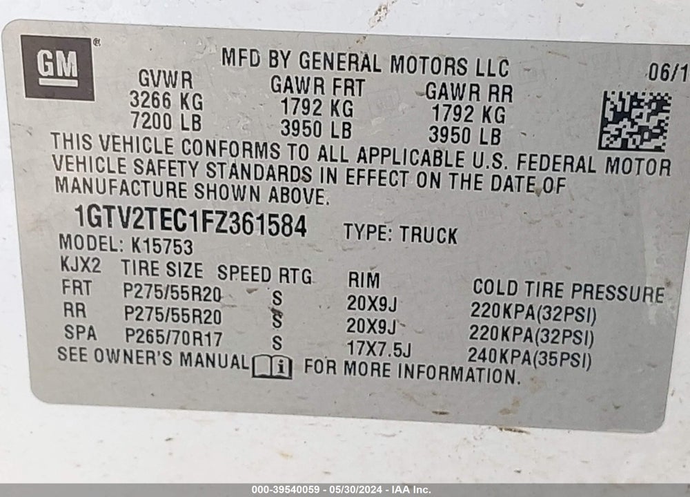 2015 GMC SIERRA 1500 VIN: 1GTV2TEC1FZ361584