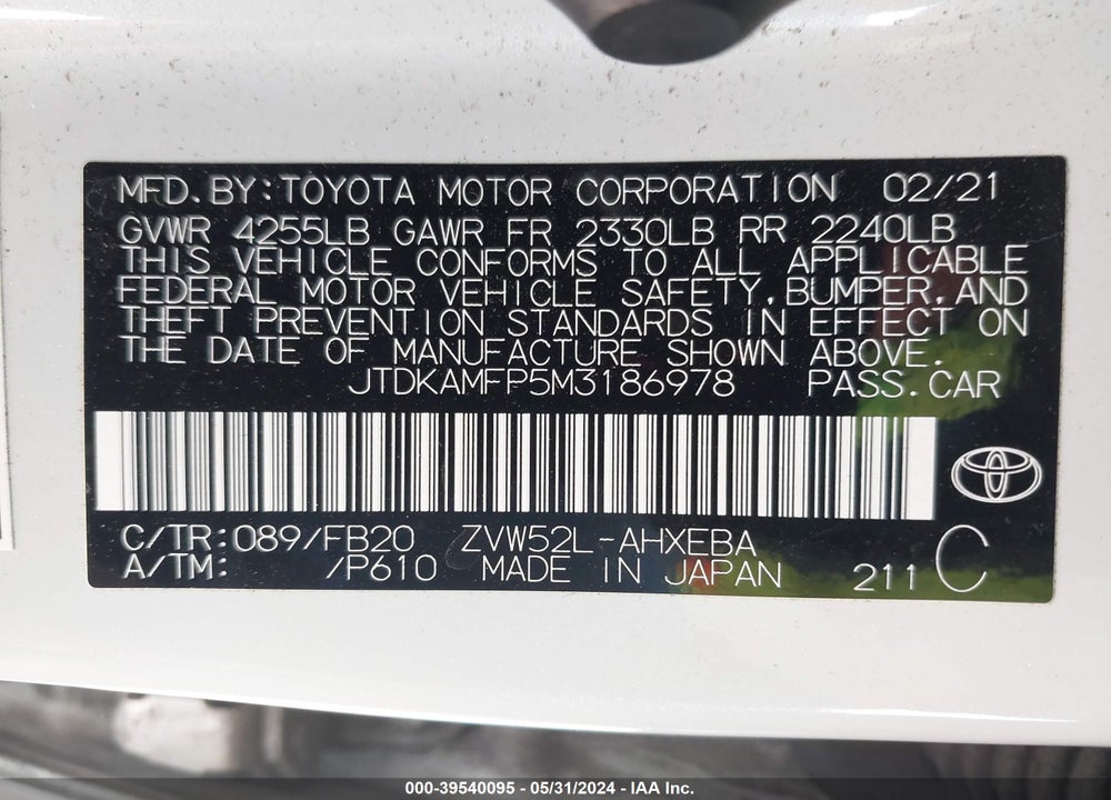 2021 TOYOTA PRIUS PRIME LE VIN: JTDKAMFP5M3186978