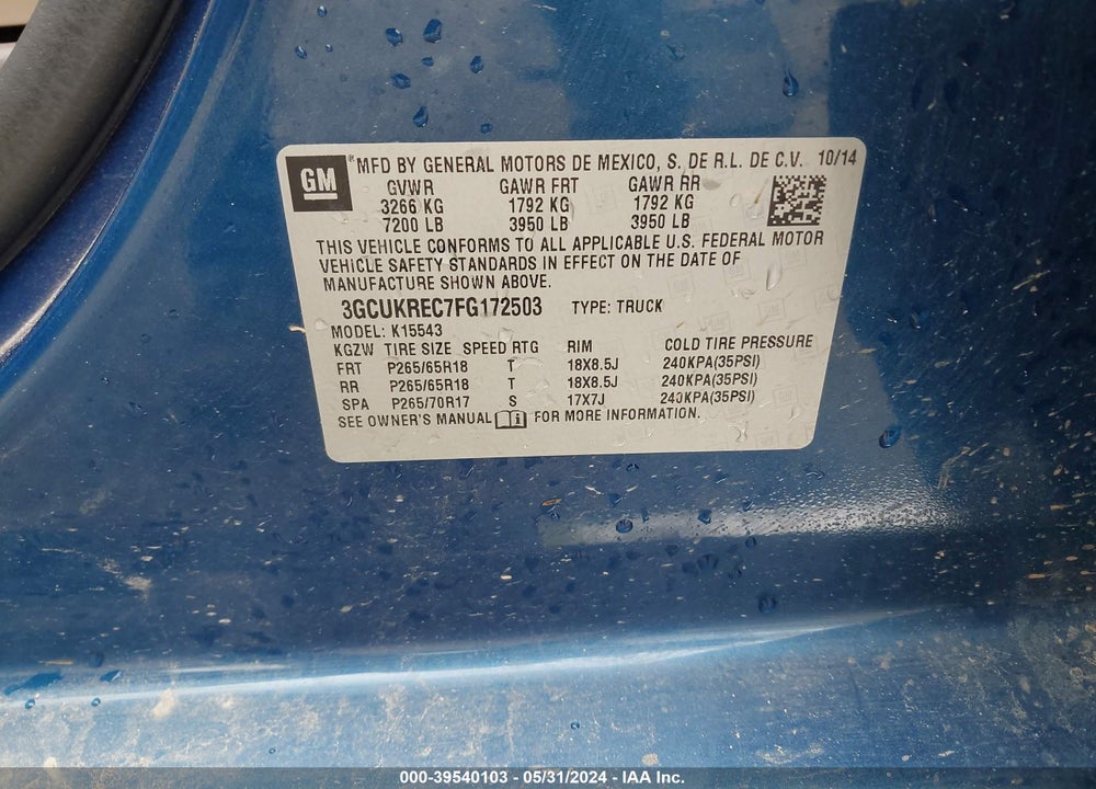 2015 CHEVROLET SILVERADO 1500 2LT VIN: 3GCUKREC7FG172503