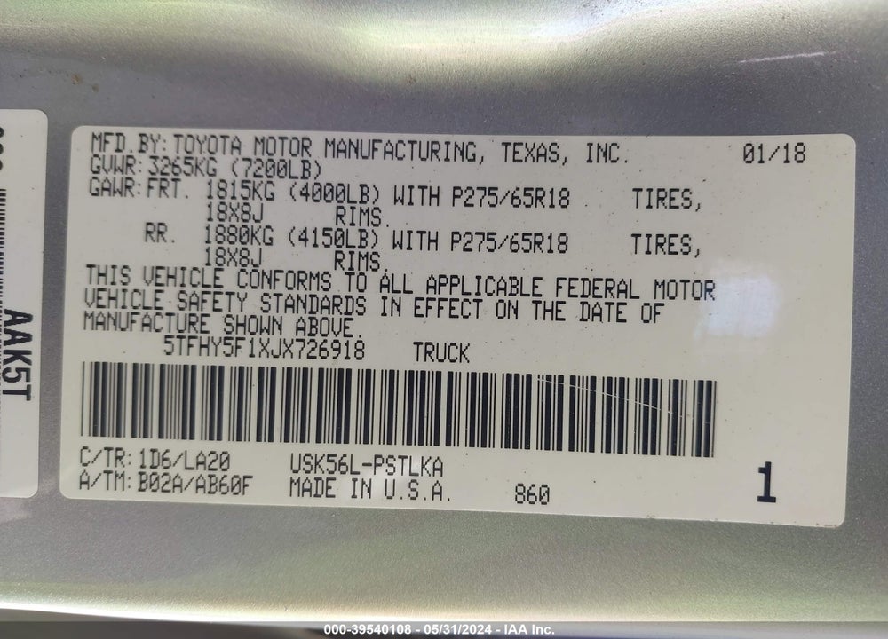 2018 TOYOTA TUNDRA LIMITED 5.7L V8 VIN: 5TFHY5F1XJX726918