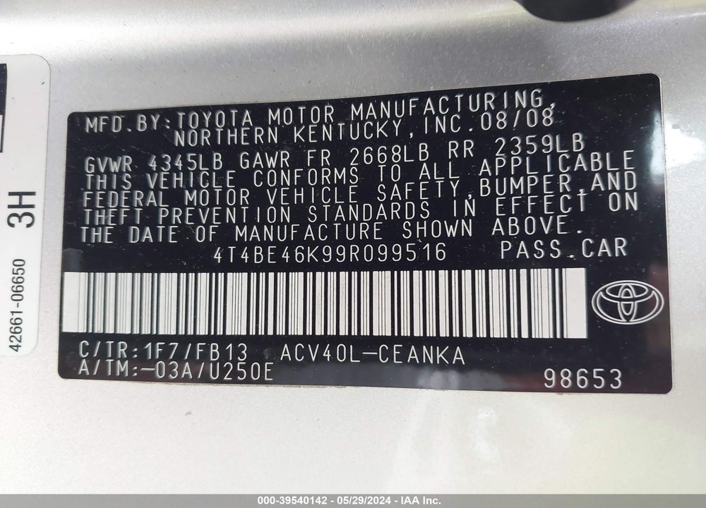 2009 TOYOTA CAMRY LE VIN: 4T4BE46K99R099516