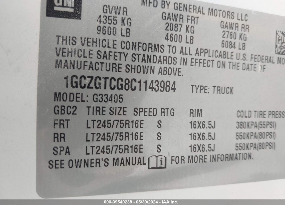 2012 CHEVROLET EXPRESS 3500 WORK VAN VIN: 1GCZGTCG8C1143984