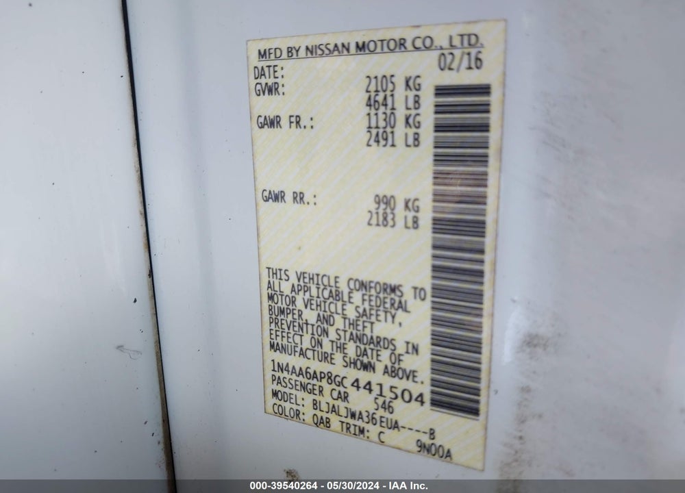 2016 NISSAN MAXIMA 3.5 SV VIN: 1N4AA6AP8GC441504