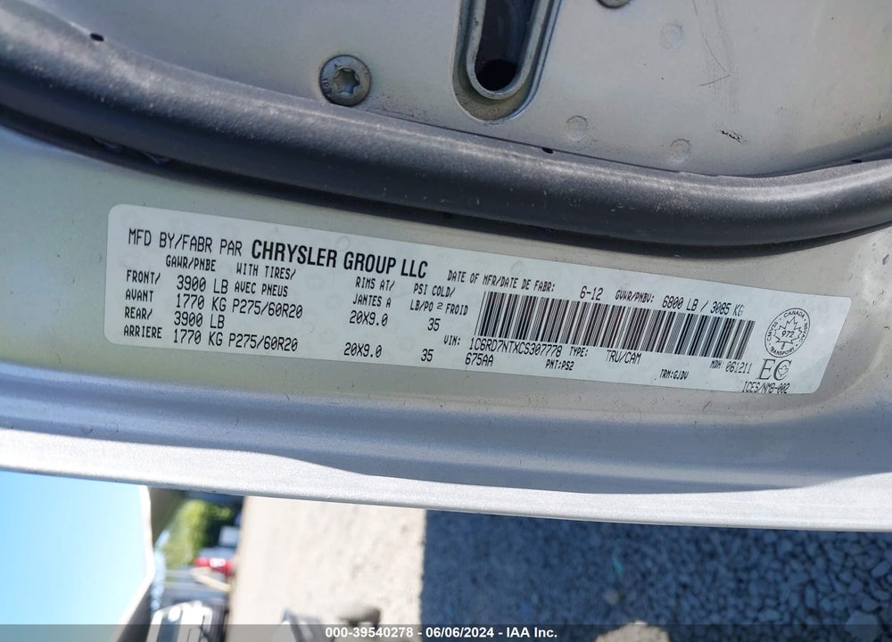 2012 RAM 1500 LAIE VIN: 1C6RD7NTXCS307778