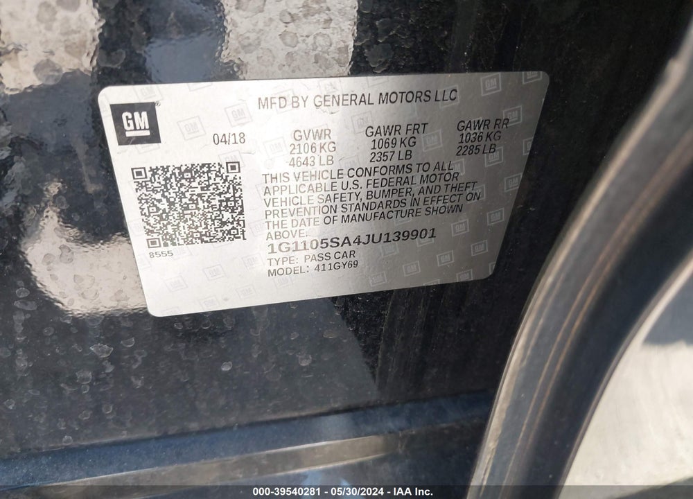 2018 CHEVROLET IMPALA 1LT VIN: 1G1105SA4JU139901