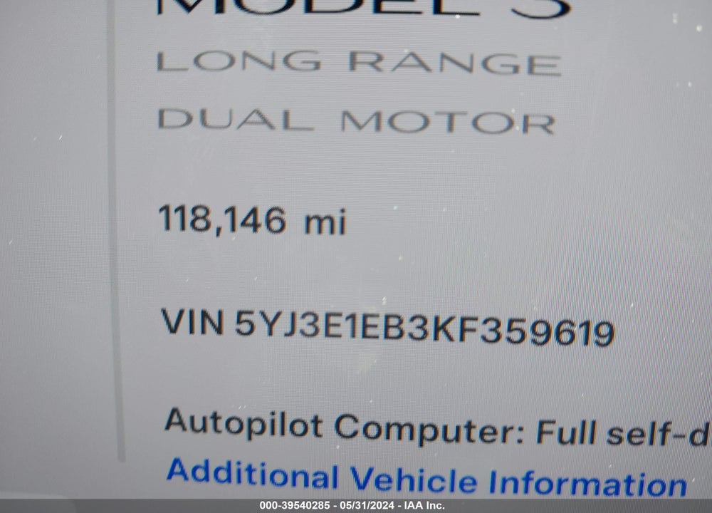 2019 TESLA MODEL 3 LONG RANGE/PERFORMANCE VIN: 5YJ3E1EB3KF359619