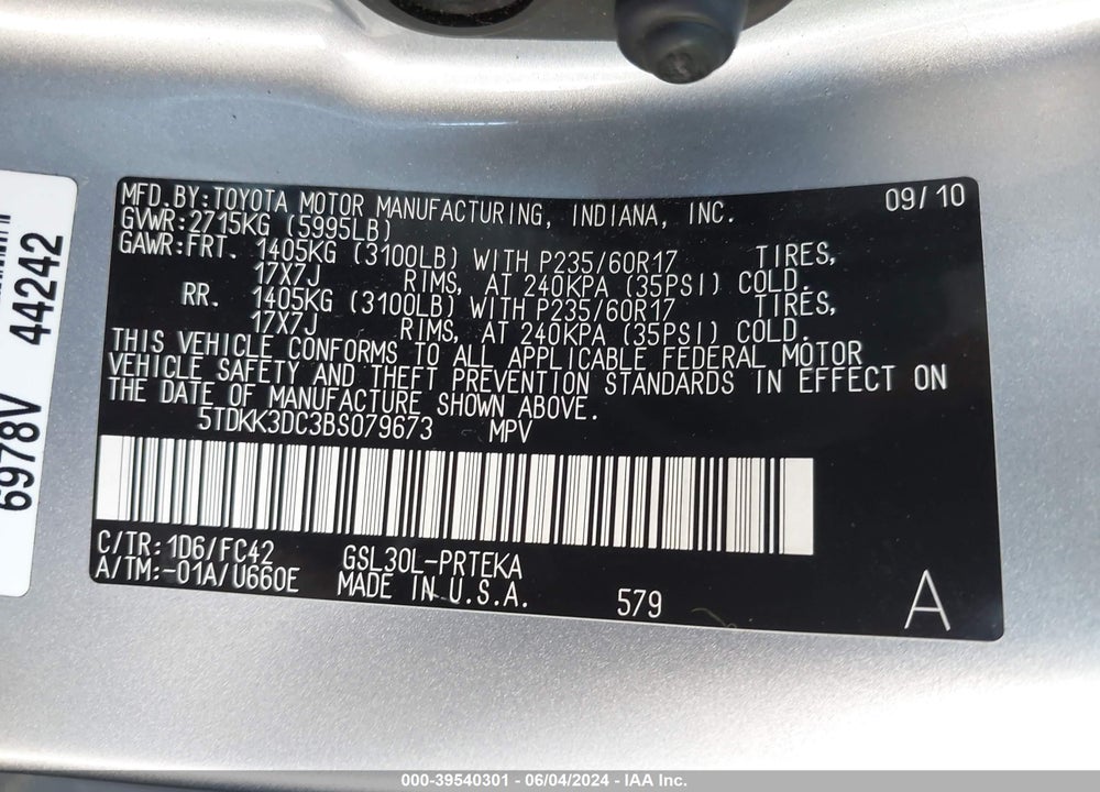 2011 TOYOTA SIENNA LE V6 VIN: 5TDKK3DC3BS079673