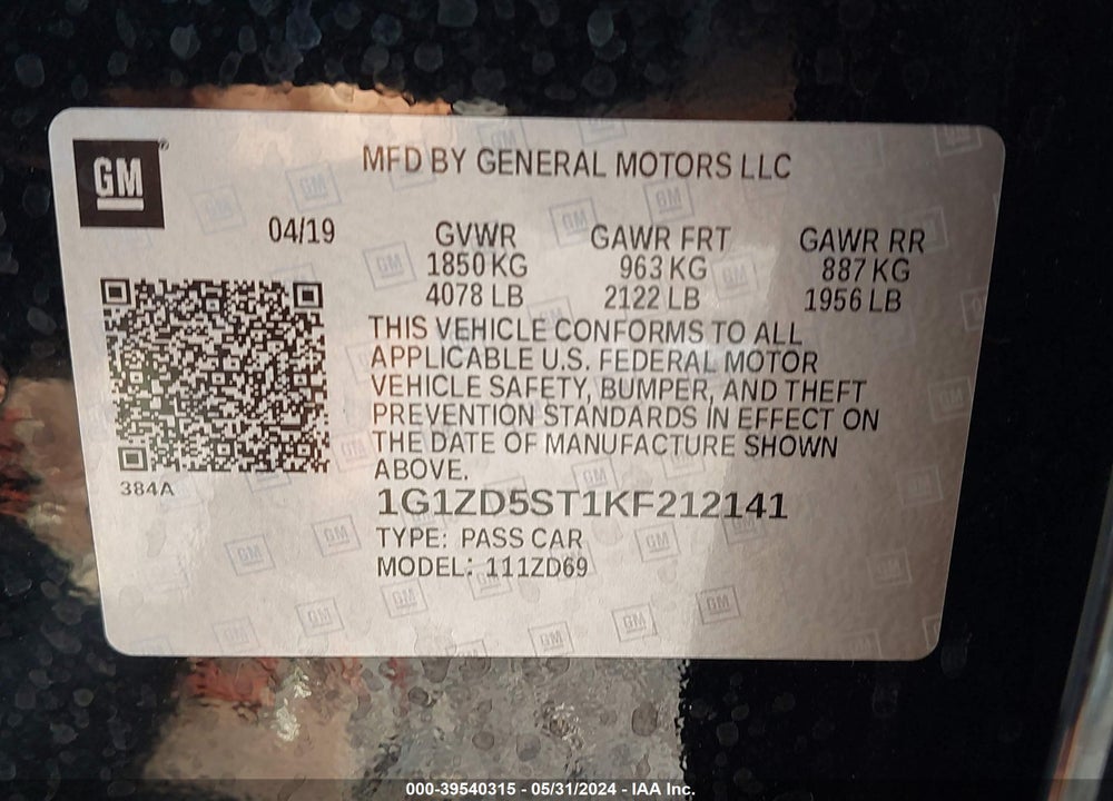 2019 CHEVROLET MALIBU LT VIN: 1G1ZD5ST1KF212141