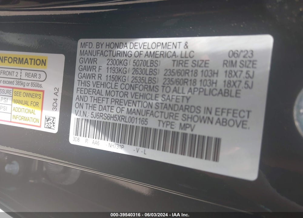 2024 HONDA CR-V HYBRID SPORT VIN: 5J6RS6H5XRL001165