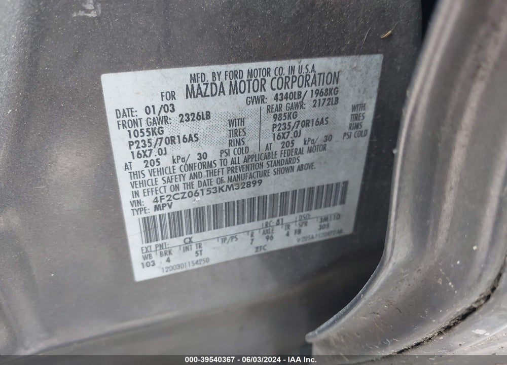 2003 MAZDA TRIBUTE ES V6 VIN: 4F2CZ06153KM32899