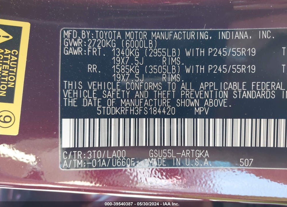 2015 TOYOTA HIGHLANDER VIN: 5TDDKRFH3FS184420