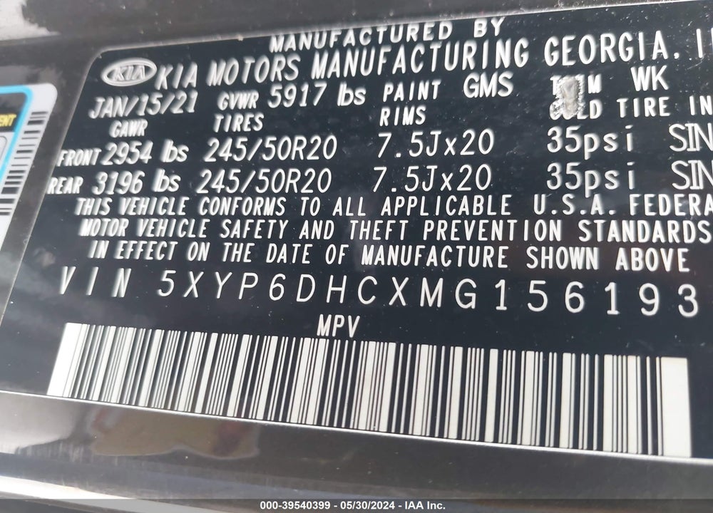2021 KIA TELLURIDE S VIN: 5XYP6DHCXMG156193