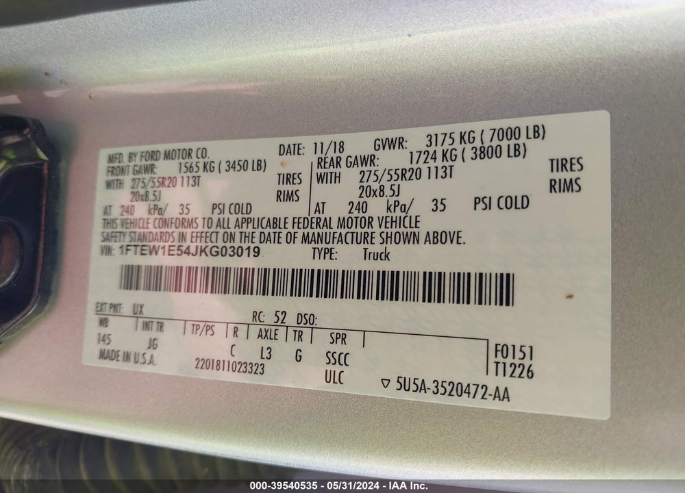 2018 FORD F-150 XL VIN: 1FTEW1E54JKG03019