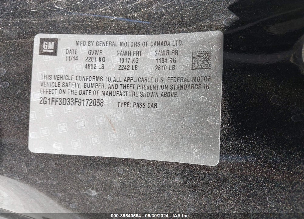 2015 CHEVROLET CAMARO 2LT VIN: 2G1FF3D33F9172058