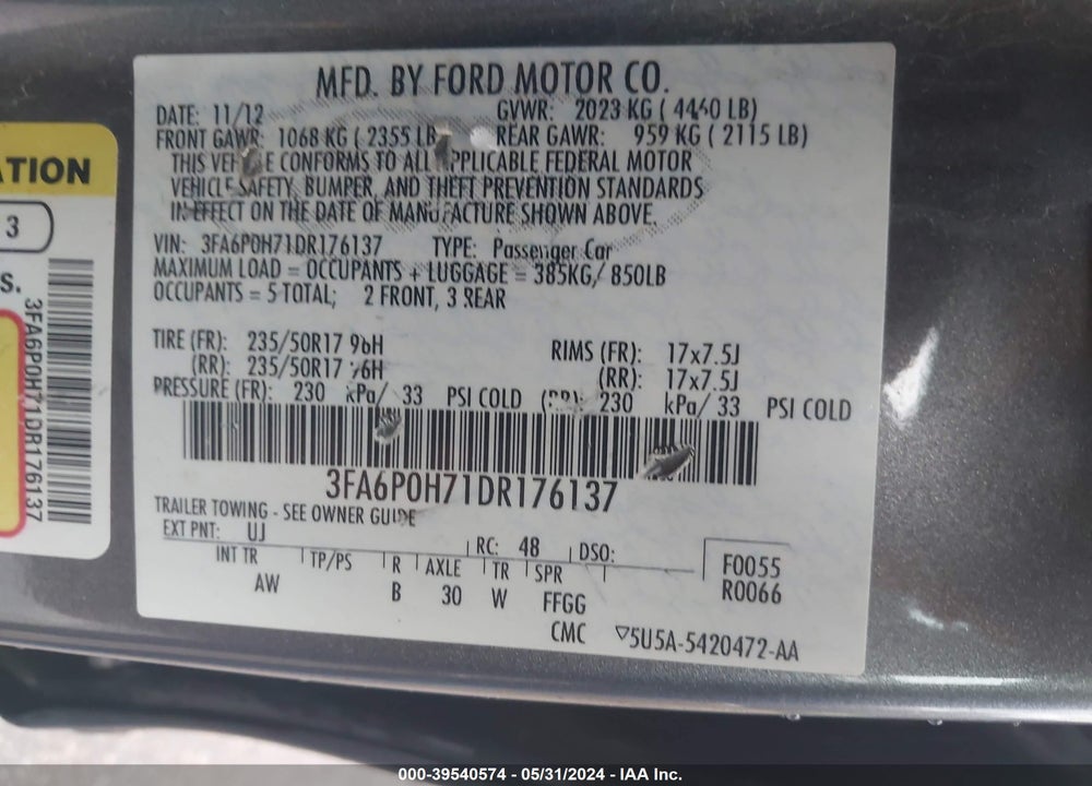 2013 FORD FUSION SE VIN: 3FA6P0H71DR176137