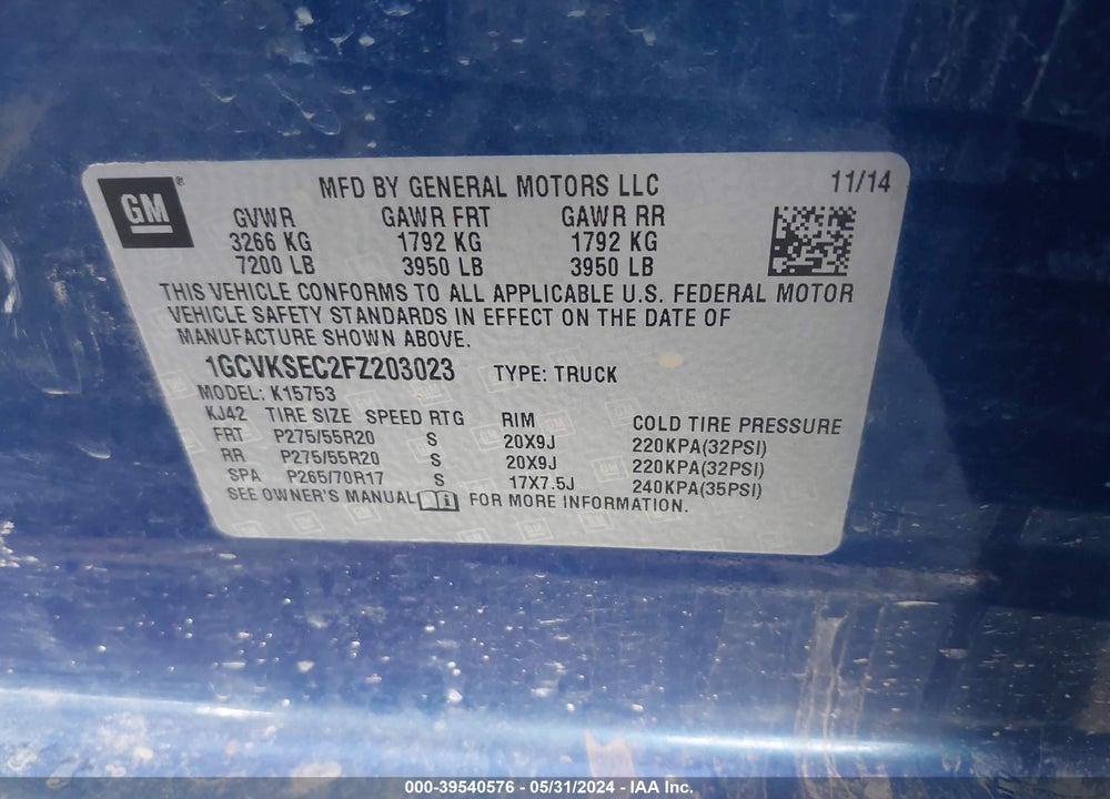 2015 CHEVROLET SILVERADO 1500 1LZ VIN: 1GCVKSEC2FZ203023