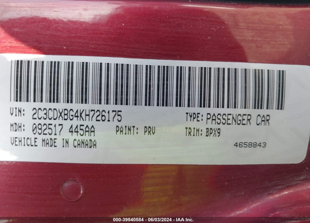 2019 DODGE CHARGER SXT RWD VIN: 2C3CDXBG4KH726175