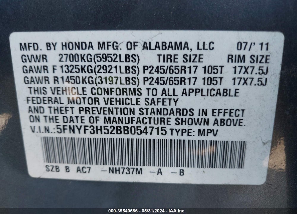 2011 HONDA PILOT EX-L VIN: 5FNYF3H52BB054715