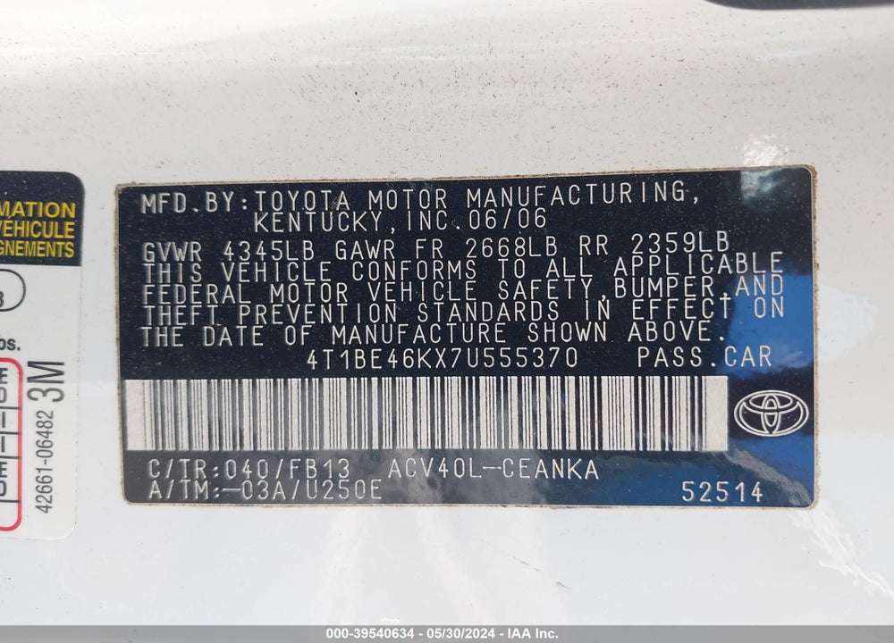 2007 TOYOTA CAMRY LE VIN: 4T1BE46KX7U555370