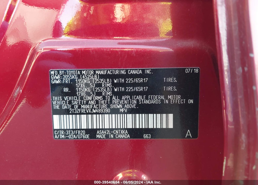 2018 TOYOTA RAV4 LE VIN: 2T3ZFREVXJW489390