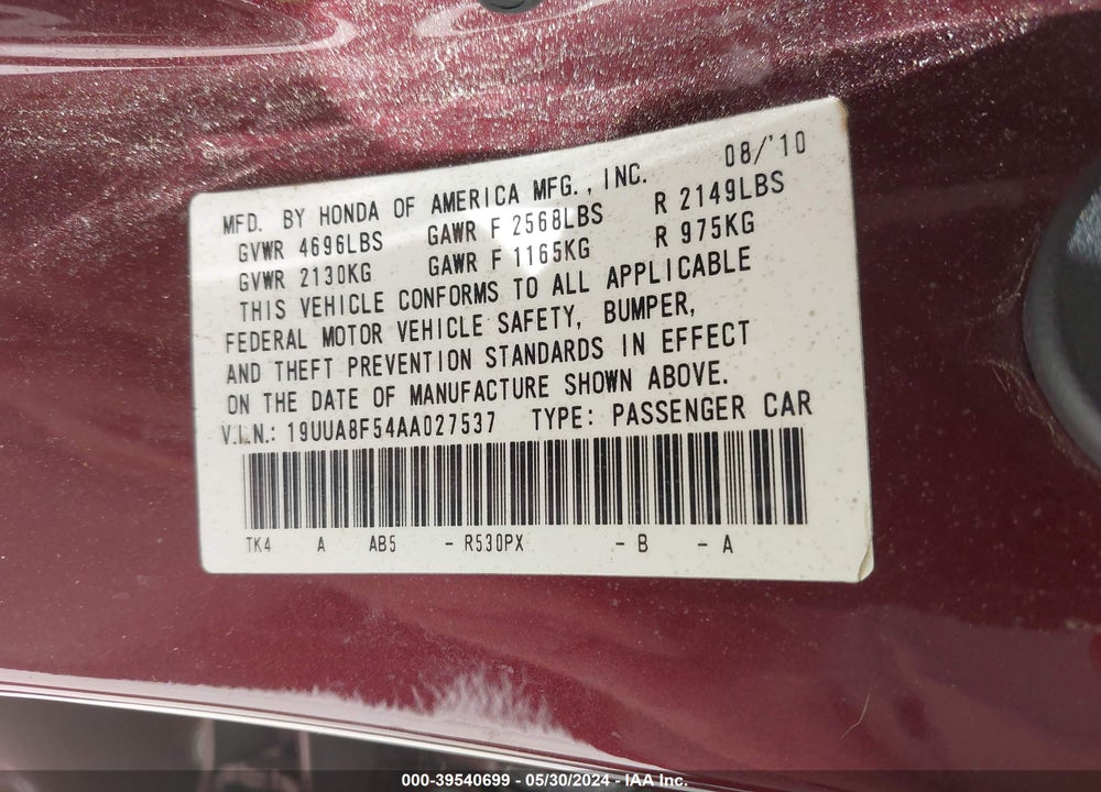 2010 ACURA TL 3.5 VIN: 19UUA8F54AA027537