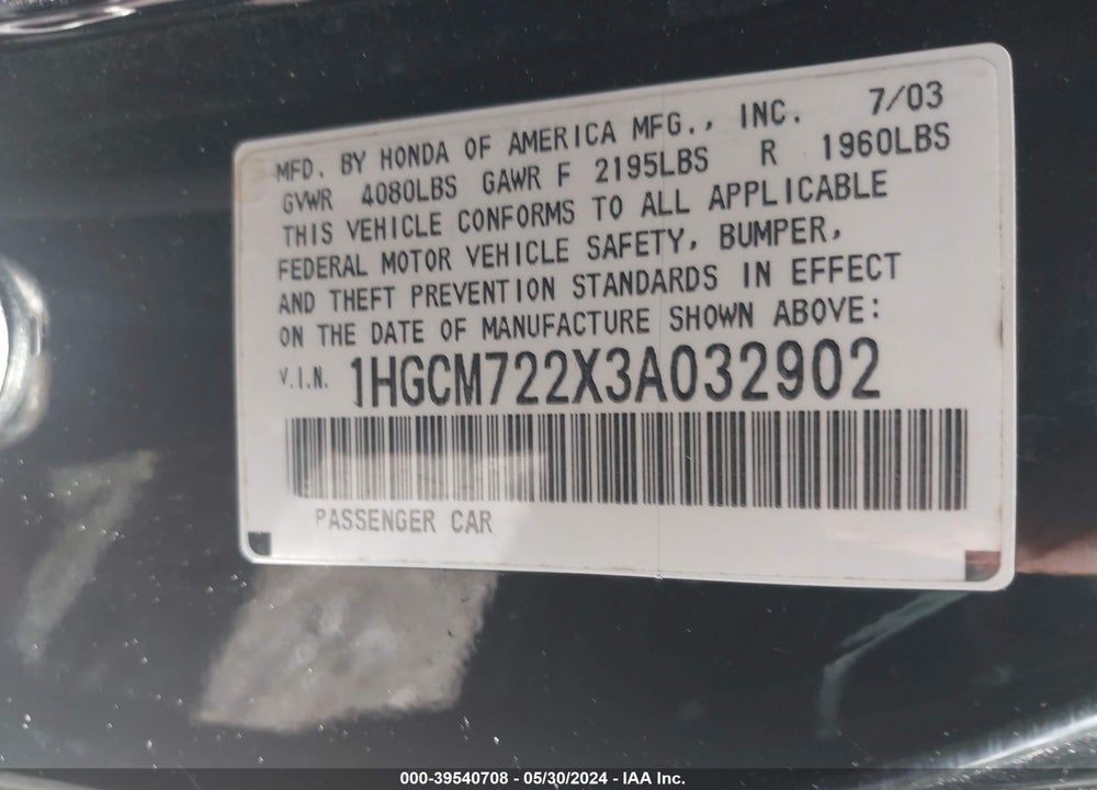 2003 HONDA ACCORD VIN: 1HGCM722X3A032902
