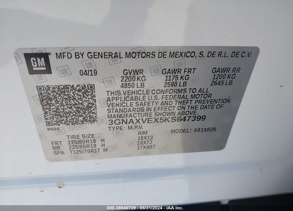 2019 CHEVROLET EQUINOX LT VIN: 3GNAXVEX5KS647399