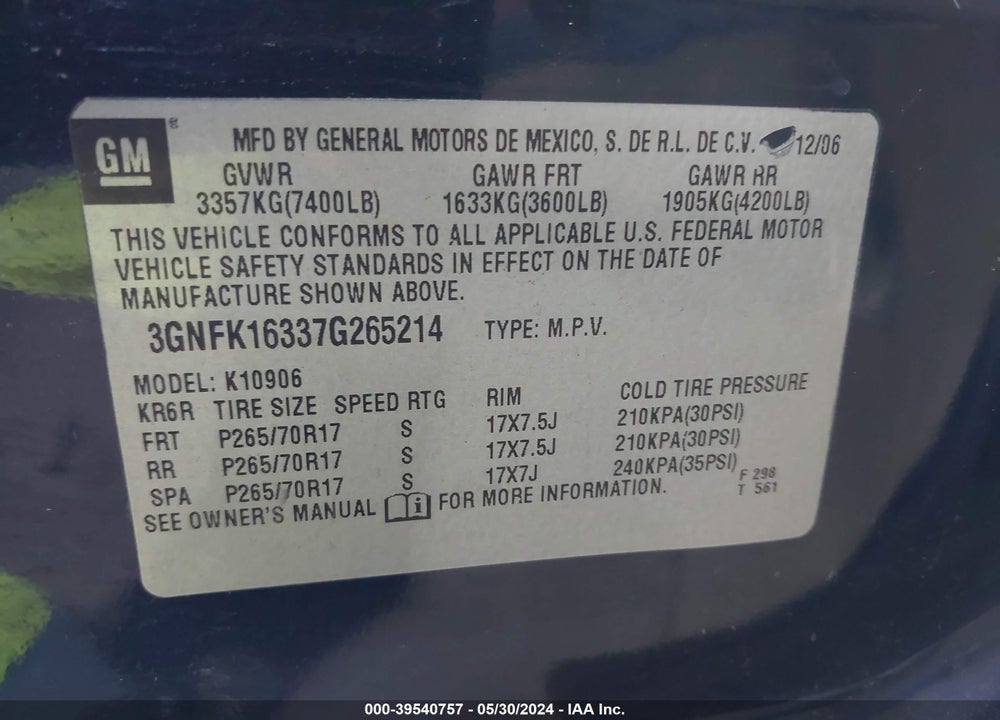 2007 CHEVROLET SUBURBAN 1500 VIN: 3GNFK16337G265214