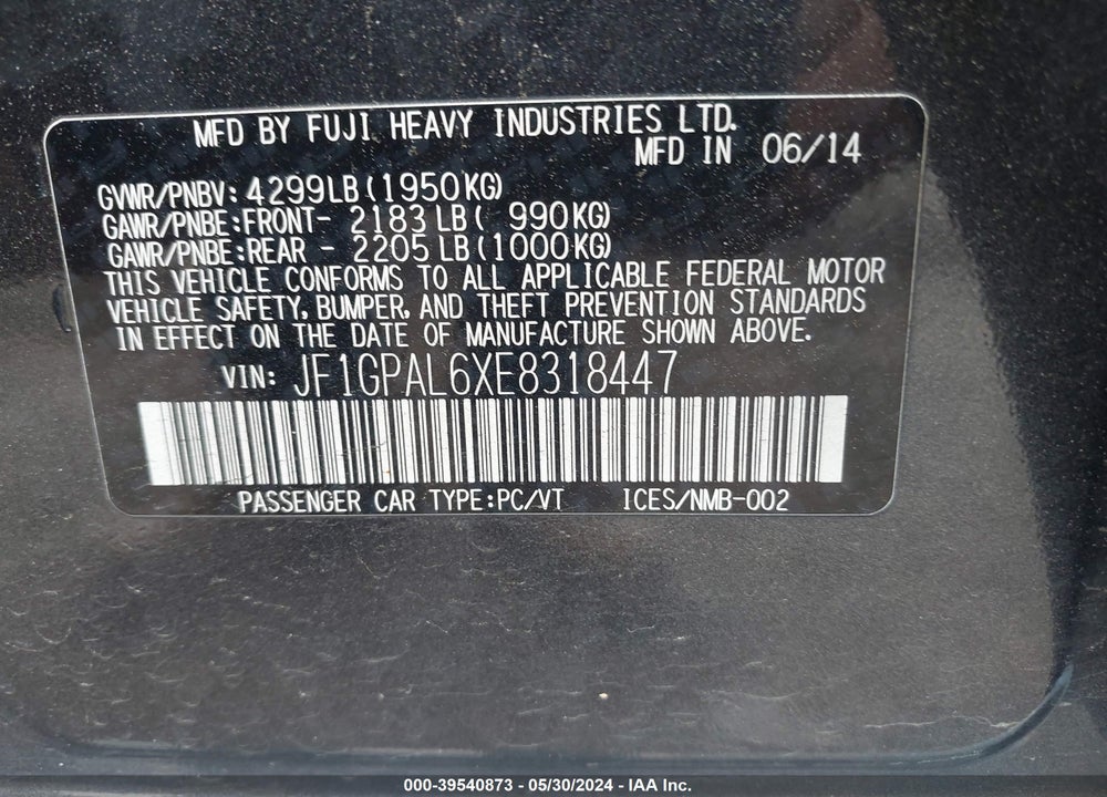 2014 SUBARU IMPREZA 2.0I SPORT PREMIUM VIN: JF1GPAL6XE8318447