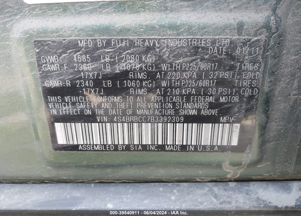 2011 SUBARU OUTBACK 2.5I PREMIUM VIN: 4S4BRBCC7B3392309