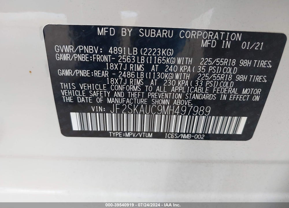 2021 SUBARU FORESTER LIMITED VIN: JF2SKAUC9MH497989